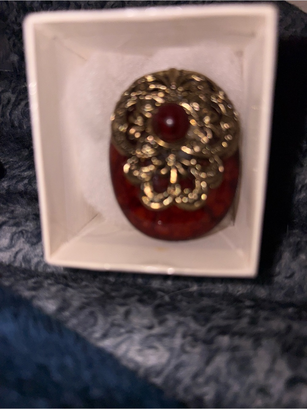 Vintage-Inspired Red Resin and Gold Filigree Statement Brooch